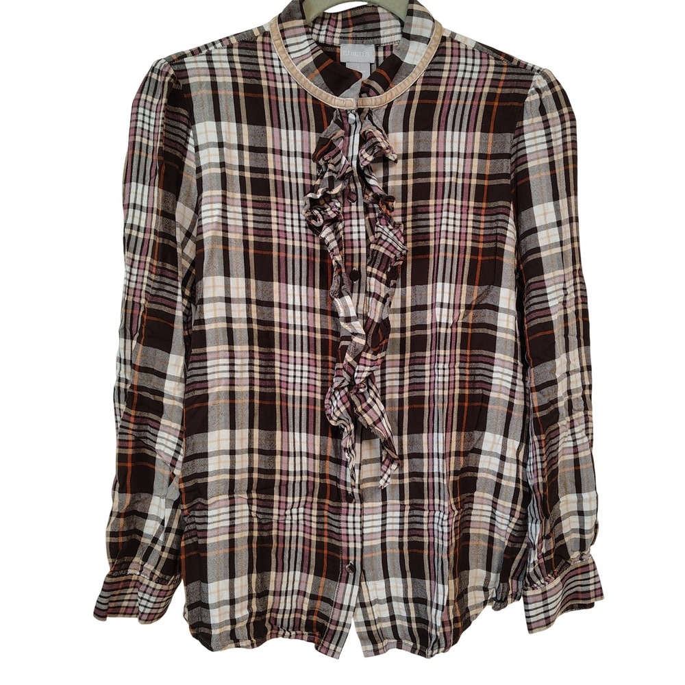 Chicos Button Down Shirt Women Size 1 Brown Plaid Ruffle‎ Front Long Sleeve